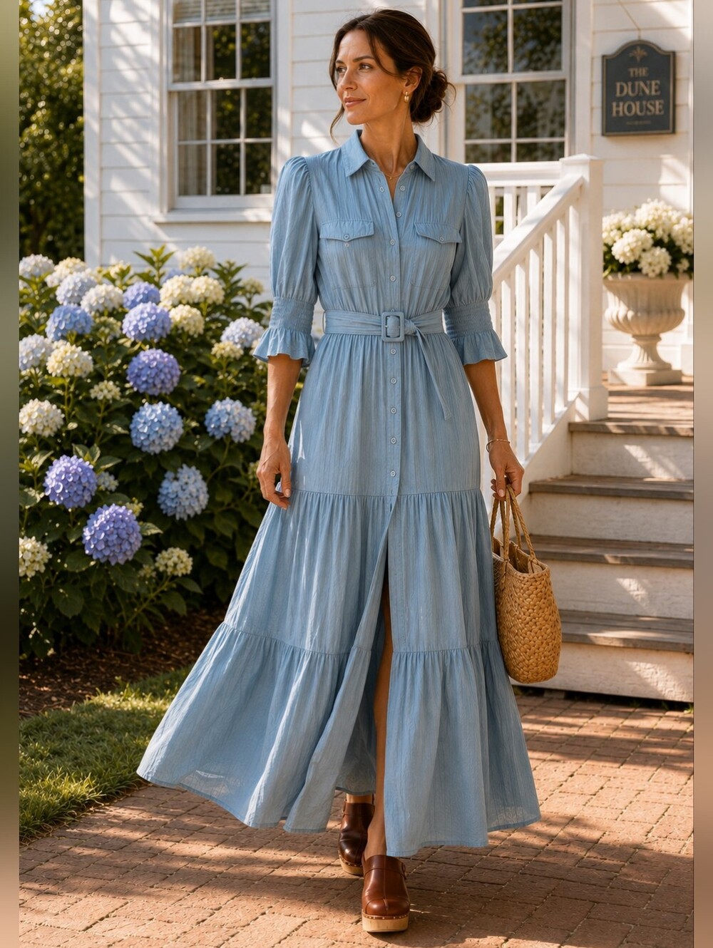 The Sang Dusty Blue Tiered Maxi Dress NWOT Belted Puff Sleeve L